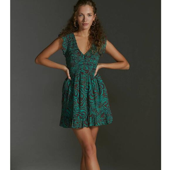 Anthropologie Womens Peregrine Mini Dress Smocked Ruffle V-Neck Green Brown XS - Picture 1 of 9
